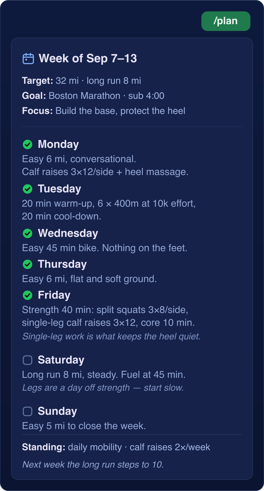 Coach Carl's /plan reply: the week of Sep 7 to 13, a 32 mile target with an 8 mile long run, every day listed with its session, the finished days ticked and the weekend still to come.