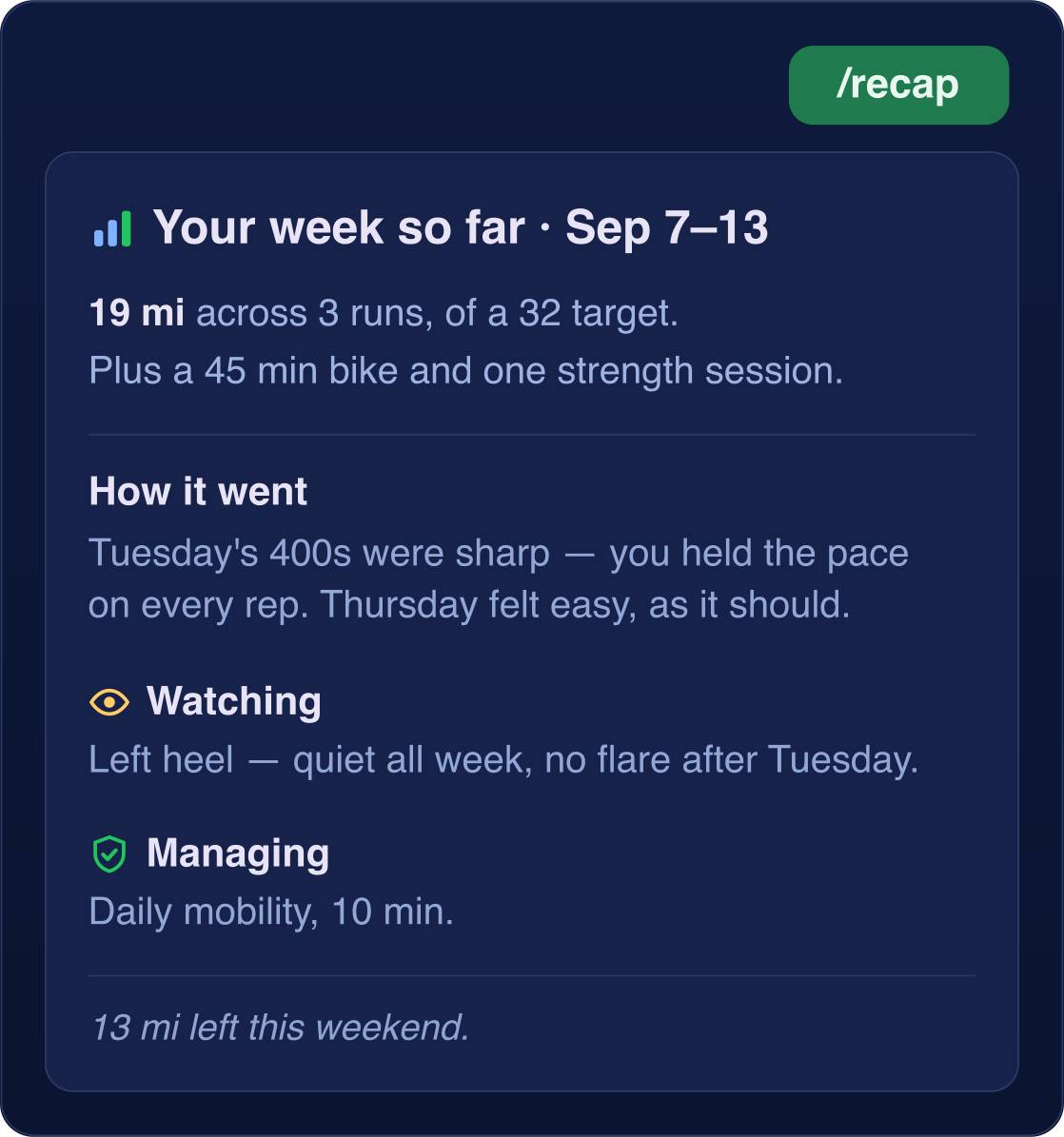 Coach Carl's /recap reply for the same week: 19 miles across 3 runs against a 32 mile target, how the sessions went, the heel he is watching and the daily mobility he is managing.